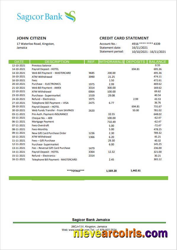 Jamaica Sagicor Bank statement, Word and PDF format (.doc and .pdf)